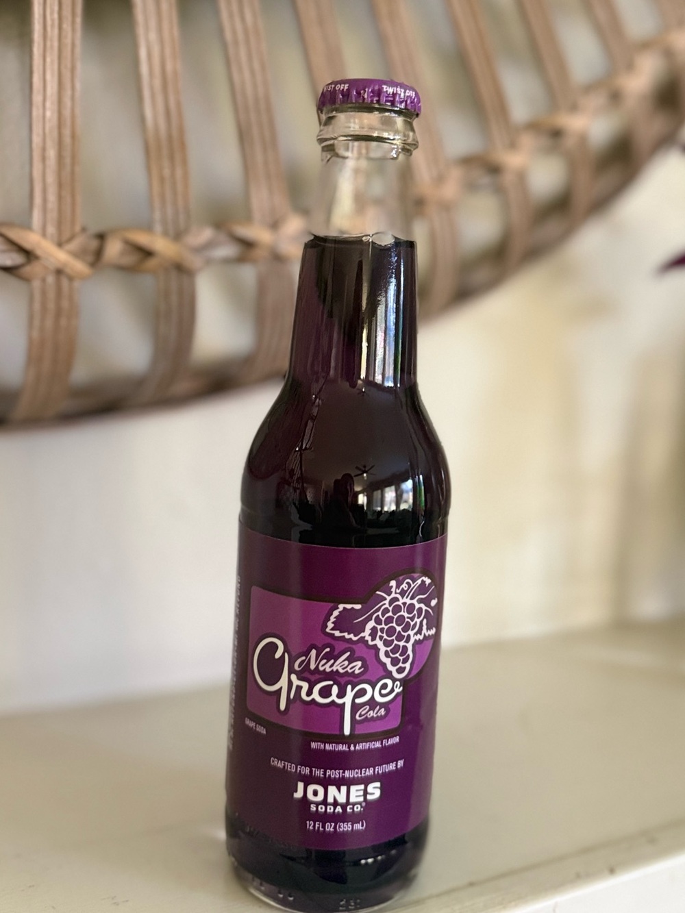 Official Jones Soda x Fallout Nuka Grape Cola collectible glass bottle.